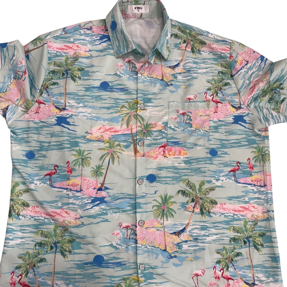 KYKU Flamingo Hawaiian Shirt Mens XL Tropical Beach Y2K‎ Vacation Party